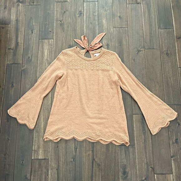 LC Lauren Conrad Tan Camel Scalloped Bell Sleeve Knit Sweater L - Picture 1 of 7